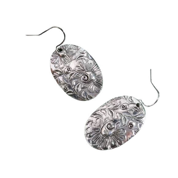Silver Floral Embossed Oval Drop Earrings - Picture 5 of 5